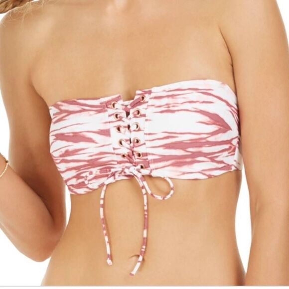 Hula Honey Pink & White Abstract Lace-Up Bandeau Bikini Top – Size L - Picture 1 of 7